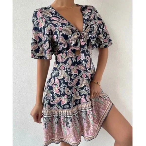 Boho navy Floral Paisley Print Butterfly Sleeve Mini Dress - Picture 10 of 12